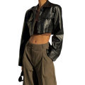 Women Crop Leather Jacket Solid Color Casual Long Sleeve Button Down Jacket Fall Outwear. 