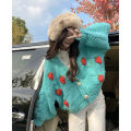 Korean gentle pink sweater cardigan women's spring and autumn sweet strawberry knitted thick jacket V-neck cropped top. 