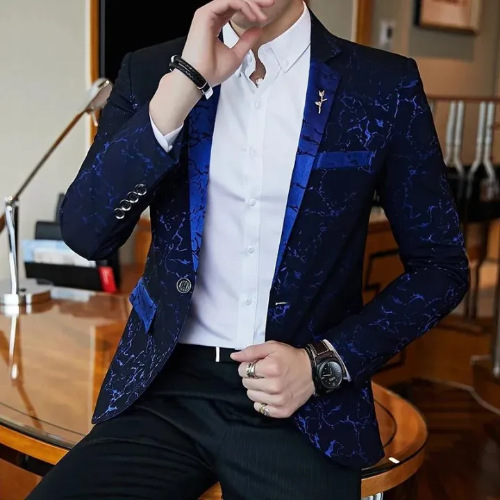 2024 Luxury Blazer Shiny Red Blue Black Contrast Color Stand-up Collar Blazer Slim Fit Suit Party Prom Wedding Dress Jacket Wearhouse