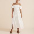 Maxi Dresses For Women 2022 Elegant Square Neck Smocked Summer White Dress Short Puff Sleeve Vacation Beach Long Casual Dress.
