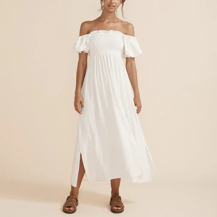 Maxi%20Dresses%20For%20Women%202022%20Elegant%20Square%20Neck%20Smocked%20Summer%20White%20Dress%20Short%20Puff%20Sleeve%20Vacation%20Beach%20Long%20Casual%20Dress%20-%20Image%205