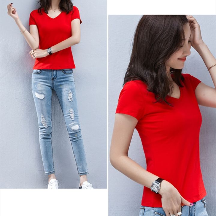Solid%20V%20Neck%20T%20Shirt%20Women%20Summer%20Slim%20Fit%20Cotton%20T-Shirts%20Short%20Sleeve%20Female%20Casual%20Comfy%20Base%20Shirt%20All%20Match%20Lady%202022%20Tees%20-%20Image%205