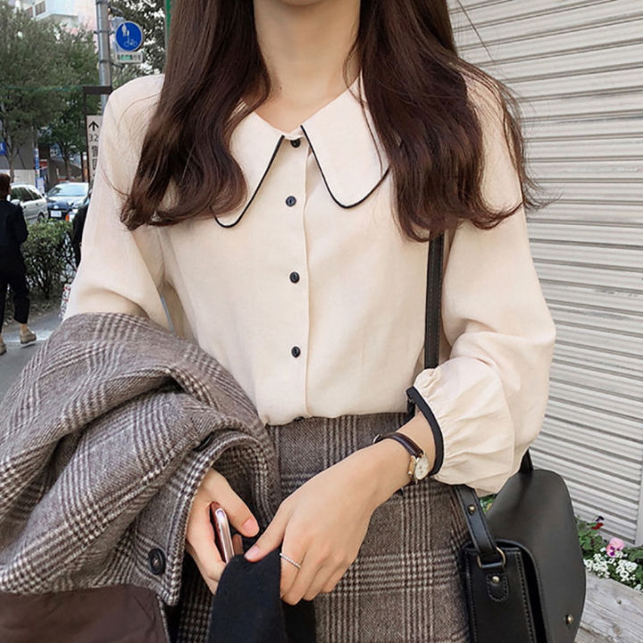 Retro Peter Pan Collar Long-Sleeved Shirt for Women Spring and Autumn New Preppy Style Loose All-Match Student Western Style Very Fairy Blouse