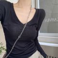 Pure Desire Style ShoulderVCollar Long SleeveTT-shirt Women's Spring and Autumn Thin Hot Girl Slim Fit Slimming Basic Black Primer Top.