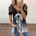 Vintage Flower Fashion Print V-Neck Zipper Casual T-shirt Ladies Tunic Tops Hollow Off Shoulder Shirts Tee Women's Clothing. 