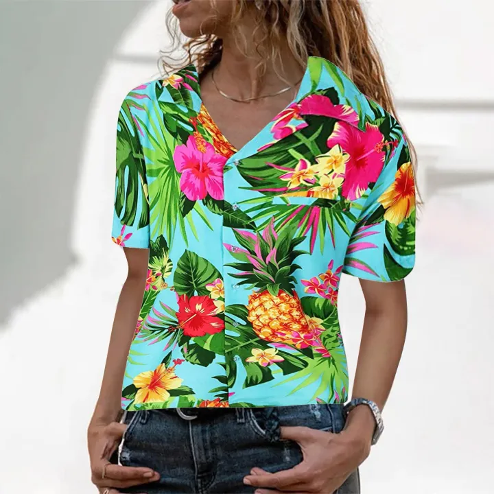 Women%20Hawaiian%20Shirts%20Tropical%20Floral%20Pineapple%20Vacation%20Beachwear%20Blouse%20Holiday%20Vacation%20Shirt%20Women's%20Tops%20And%20Blouses%20Blusas%20-%20Image%202