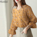 ZANZEA Korean Style Women Floral Printed Tops Ruffle 3/4 Sleeve Office Lady Shirt Blouse. 