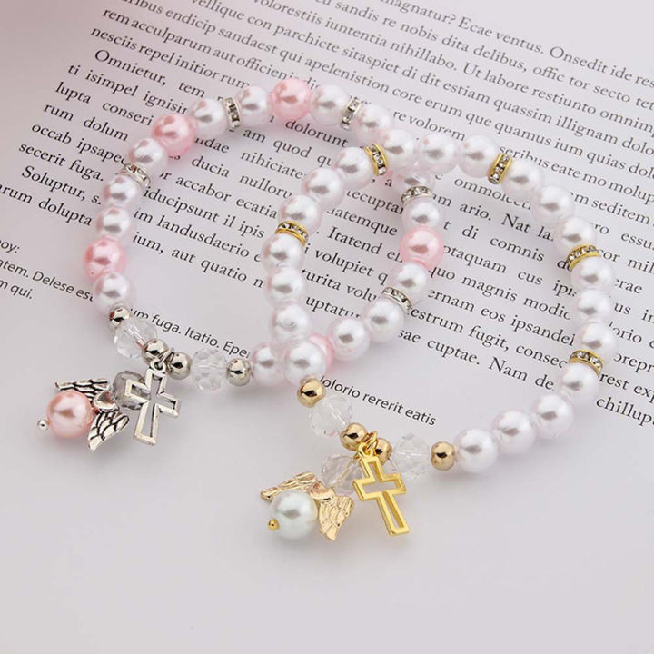 Religious Pearl Bracelet Angel Wing Cross Beaded Bracelet Baby Shower Girl Boy Baptism Gift