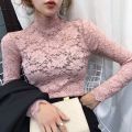 Spring and Summer Lace Long Sleeve Bottoming Shirt Women's Half High Collar Hollow Mesh Top.