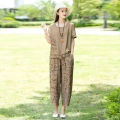 Mom Suit Female SummerTT-shirt Fashionable Stylish Middle-Aged Summer Linen40to50Year-Old Two-Piece Set.