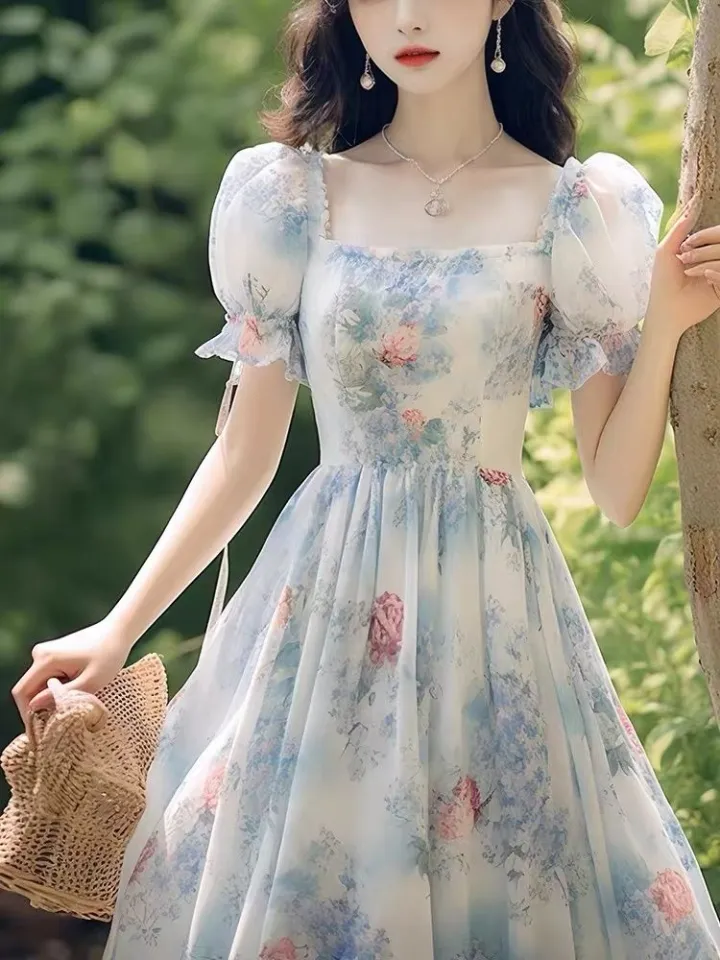ハーリップトゥ French Bouquet Puff Sleeve Dress Women Puff Sleeve Floral Print Swing Dress French Vintage O