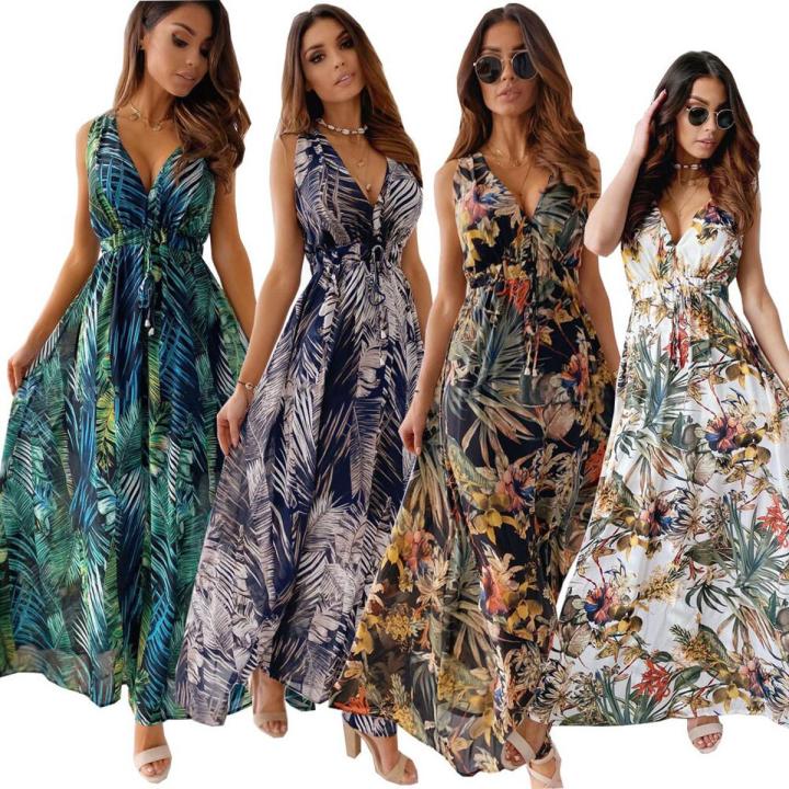 Women Bohe Maxi Long Sundress Summer Female V neck Backless Sleeveless Floral Print Bandage Party Dresses TCFZ-60