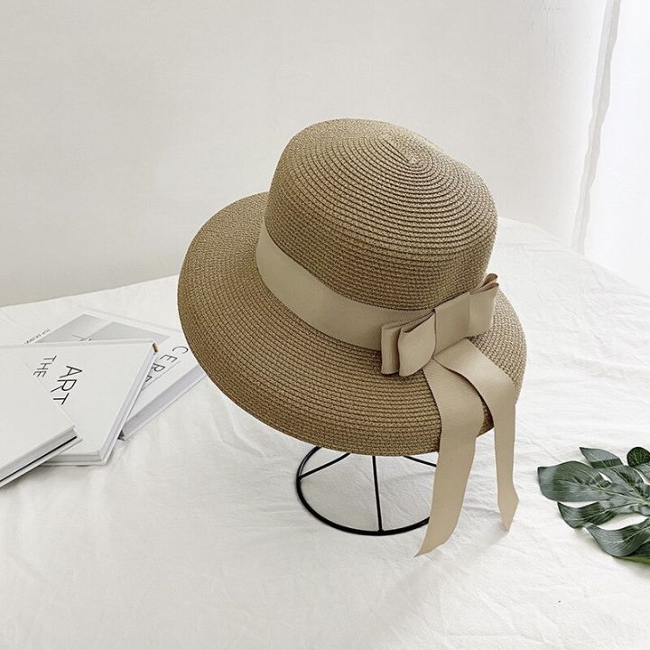 Summer%20Sun%20Hat%20Bow%20Straw%20Hat%20Visor%20Temperament%20Flat%20Panama%20Hats%20Women's%20Sea%20Beach%20Vacation%20Leisure%20Sunscreen%20Hat%20-%20Image%206