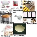 8 A Combo Turn Table Full , 12 Deco Nozel , 3 Butter spread , 7" Round Mold , White M Cup set , 3 Scrapper , 10 piping Bag , 10" Cake Board 2 Pcs. 