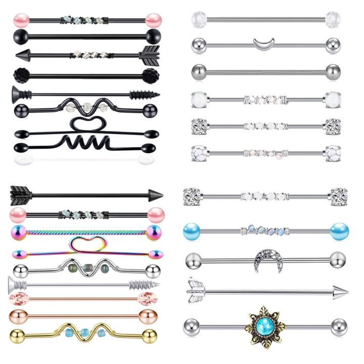 9PC Stainless Steel Heart Industrial Piercing Set Earring Cartilage Industrial Barbell for Women Unisex Body Jewelry