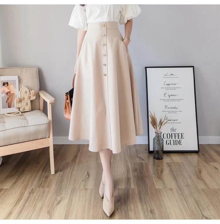Flared Skirt Line Skirt High Waist Midi Swing Skirt Spring A-Line Long Pleated Skirt Women High Waist Pocket Front Buttons  Skirts Women Gant Korean Big Swing Skirt