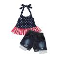 2 Pcs Infant Independence Day Outfits, Girls Tie-up Ruffled Star & Stripe Print Halter Tops + Ripped Jeans with Pockets. 