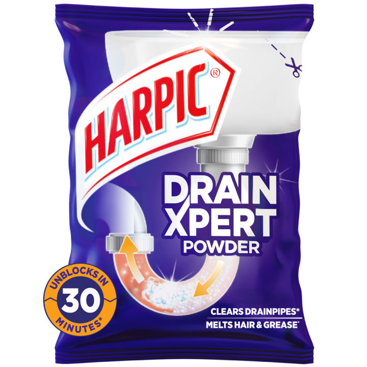 Harpic Drain Cleaning Xpert Powder 50g, Unblocks Clogged Bathroom, Kitchen & Shower Sink in 30 minutes, Clears Drainpipes, Melts Hair & Grease, Effective Sink and Drain Pipe Cleaner & Blockage Remover