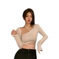 Women Long Sleeve Tops with Hollow Trim, Solid Color Skinny Version Spring Clothing.
