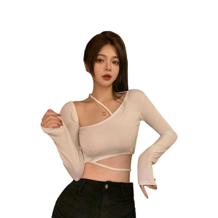 Women Long Sleeve Tops with Hollow Trim, Solid Color Skinny Version Spring Clothing