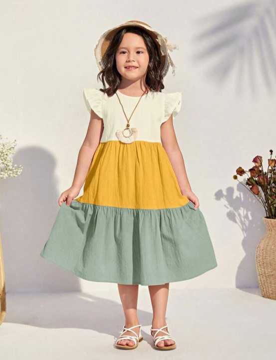 Kids%E2%80%99%20Patchwork%20Midi%20Dress%20%E2%80%93%20Casual,%20Color%20Block,%20Flounce%20Sleeves,%20High%20Waist,%20Plain%20Design%20-%20Image%203