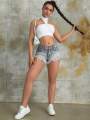 2023 Fashion Women Mini Short Jeans Sexy Babes Rave Slant Pocket Ripped Raw Hem Denim Low Waist Skinny Shorts Mujer. 