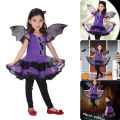 Kids Girls Purple Bat Vampire Princess Dress Fancy Cosplay Costume Witch Clothes with Wing Halloween Role Play Clothing. 
