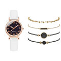 Elegant and Minimalist 5pcs Women's Quartz Watch Personalized Girl's Leather Wristwatch and Versatile Bracelet Set New Design Black Starry Sky Dial Korean Fashion Accessories Ladies Watches. 
