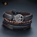 Multilayer 4 Pcs/ Set Leather Bracelet Braided Bracelets for Men Vintage Life Tree Rudder Charm Wood Beads Ethnic Tribal Wristbands. 