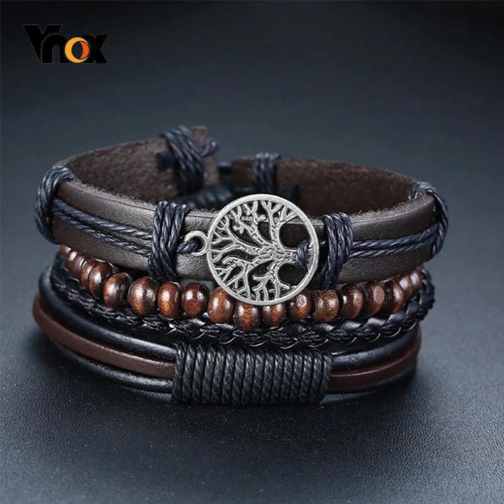 Multilayer 4 Pcs/ Set Leather Bracelet Braided Bracelets for Men Vintage Life Tree Rudder Charm Wood Beads Ethnic Tribal Wristbands