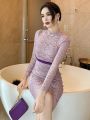 Exquisite Elegant Qipao Dress Women Celebrity Sheer Lace Pearl Flower Cheongsam Robe Lady Evening Party Date Prom Vestidos Mujer.