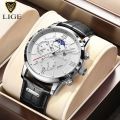 2022 LIGE Watches Mens Top Brand Luxury Clock Casual Leathe 24 Hour Moon Phase Men Watch Sport Waterproof Quartz Chronograph+Box. 