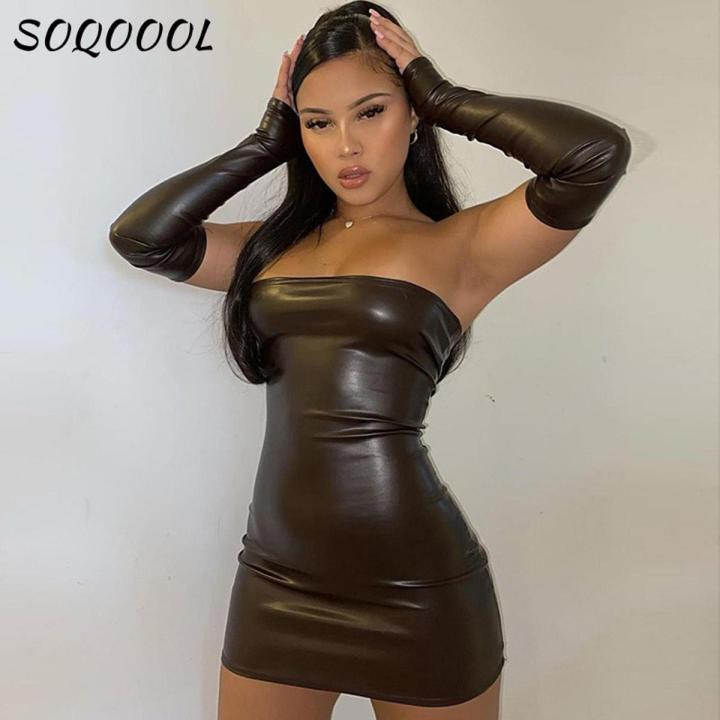 PU Leather Mini Dress Women Sleeve Backless Strapless Solid