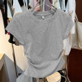 European and American Solid Color Shoulder T T-shirt Short-Sleeved Women's Summer Slim-Fit Chic Short Waist Easy Matching Waisted Gray Top.