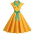 Women's Elegant Professional Dresses Retro Standing Neck Polka Dot Patchwork Double Breasted Large Swing Dress. 