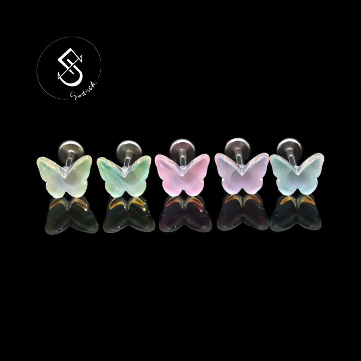 SMTNEK resin titanium steel outer teeth translucent rainbow color butterfly lip stud earrings stainless steel piercing jewelry