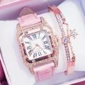 2pcs Luxury Square Rhinestone Bracelet Women Quartz Watch Set Sports Wristwatches Clock For Girl's.