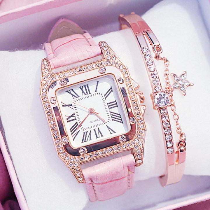 2pcs Luxury Square Rhinestone Bracelet Women Quartz Watch Set Sports Wristwatches Clock For Girl's