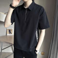 Japanese Style Simple Waffle Solid Color polo Shirt Short Sleeve Boys Niche Design Half Zipper and Lapel Top T-shirt. 