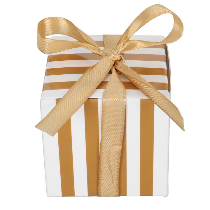 মিনি ফেভার বক্স, টেকসই পেপার স্কোয়ার্ড শেপ 50 পিস মিনি গিফট বক্স বিয়ের জন্য রিবন সহ সহজ সমাবেশ সোনার স্ট্রাইপ