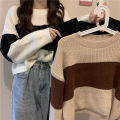 2021 Short Autumn and Winter Color-Block Crew Neck Sweater Women's Loose and Lazy Style All-Matching Striped Long Sleeve Pullover Sweater Fashion. 