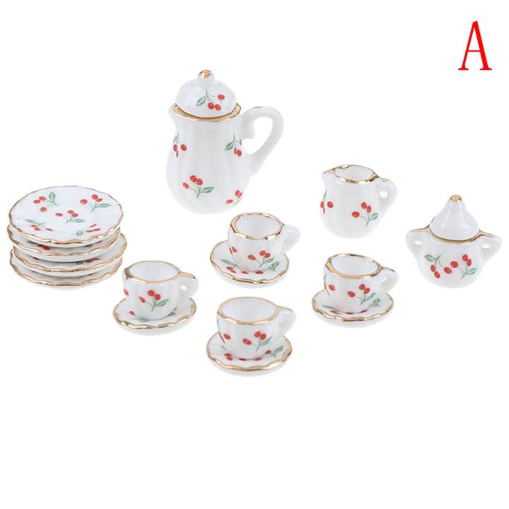 1:12 Miniature 15pcs Porcelain Tea Cup Set Chintz Flower Tableware Kitchen