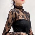 Women T Shirt See Through Transparent Mesh Tops Long Sleeve Sheer Slim Ladies Turtleneck Bright Silk T-Shirt Lace Crop Top.
