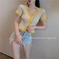 v Collar T T-shirt Short-Sleeved Summer Clothes Hot Girl Ice Silk Knitted Cardigan Design Sense Navel Purple Short Top Niche Style. 