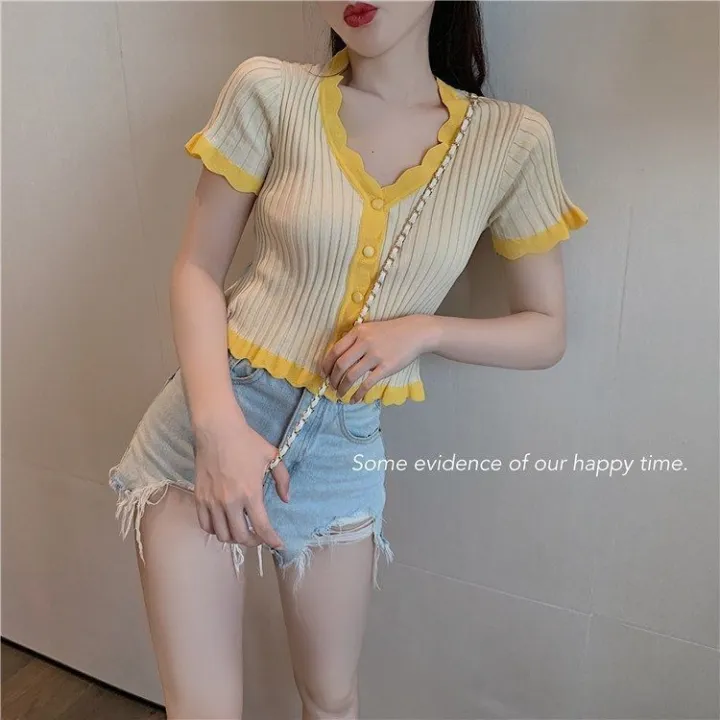 v%20Collar%20T%20T-shirt%20Short-Sleeved%20Summer%20Clothes%20Hot%20Girl%20Ice%20Silk%20Knitted%20Cardigan%20Design%20Sense%20Navel%20Purple%20Short%20Top%20Niche%20Style%20-%20Image%207