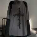 T-shirt Cross of Ts fake two-piece for men women long-sleeved dark -hop loose large size autumn trend top Simplicity. 
