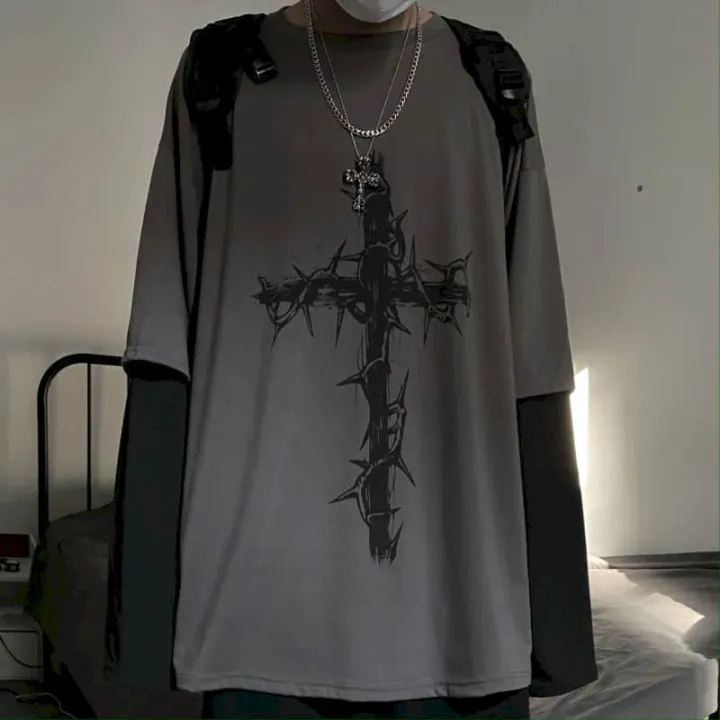 T-shirt%20Cross%20of%20Ts%20fake%20two-piece%20for%20men%20women%20long-sleeved%20dark%20-hop%20loose%20large%20size%20autumn%20trend%20top%20Simplicity%20-%20Image%204