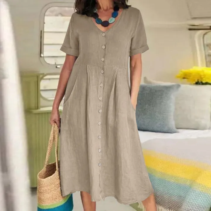 Women%E2%80%99s%20qualityful%20Solid%20Color%20Loose%20Short%20Sleeve%20Mid-long%20A-line%20Dresses%20V-neck%20Button%20Breasted%20Female%20Dress%20-%20Image%206