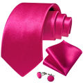 Solid Hot Pink Stain Men's Tie Set Handkerchief Cufflinks 8cm Width Wedding Party Necktie Groom Men Suits Accessories Gift.