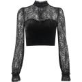 Goth Black Long Sleeve Corset Crop Tops Women Aesthetic V-Neck Velvet Lace Mesh T-Shirts Y2K Harajuku Vintage Fashion Tops. 